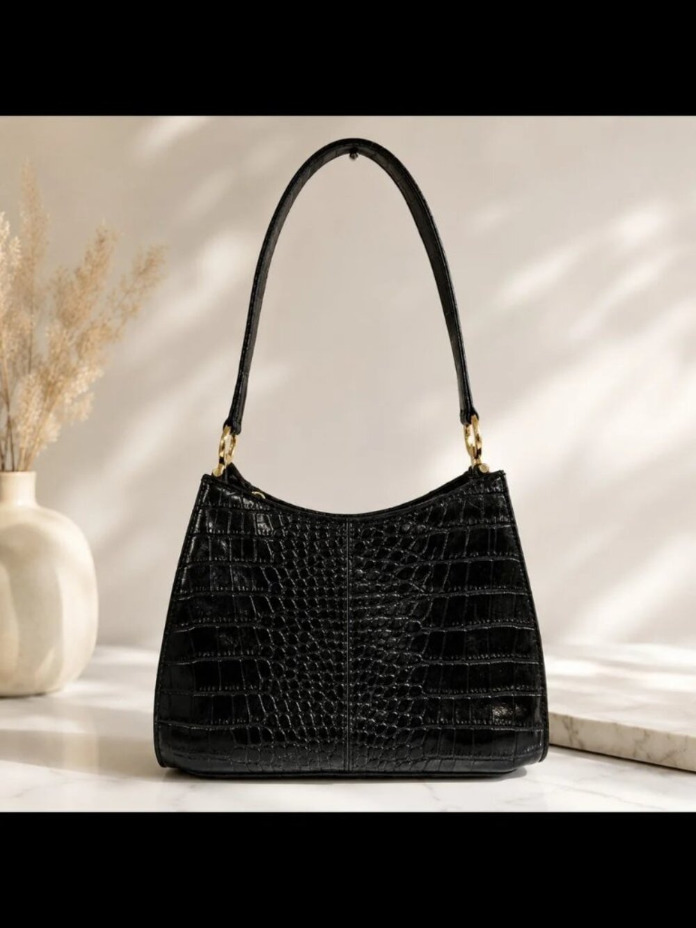 Vintage Liz Claiborne Black Croc Embossed Y2K Shoulder Bag Gold Hardware